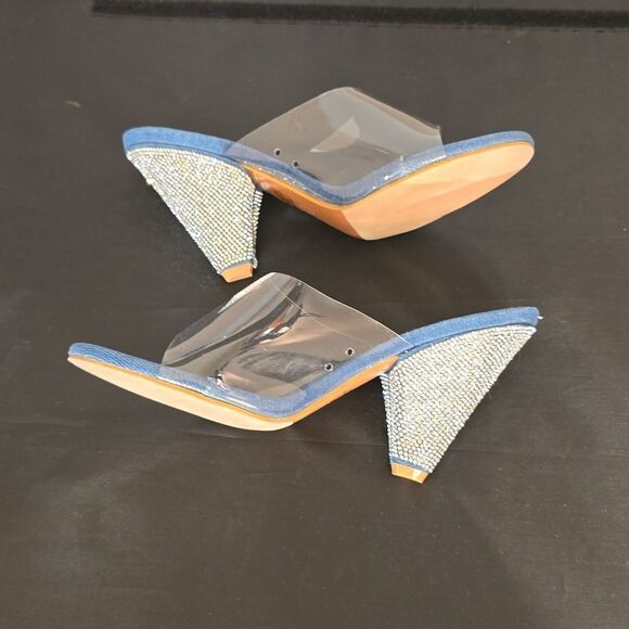 BRAND NEW PAZZLE RHINESTONE HEEL EMBROIDERED CLEAR  OPEN-TOE STRAP SANDAL - Picture 7 of 16